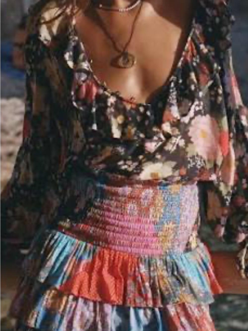 Spell Cha Cha Black Floral Ruffle V-Neck Blouse